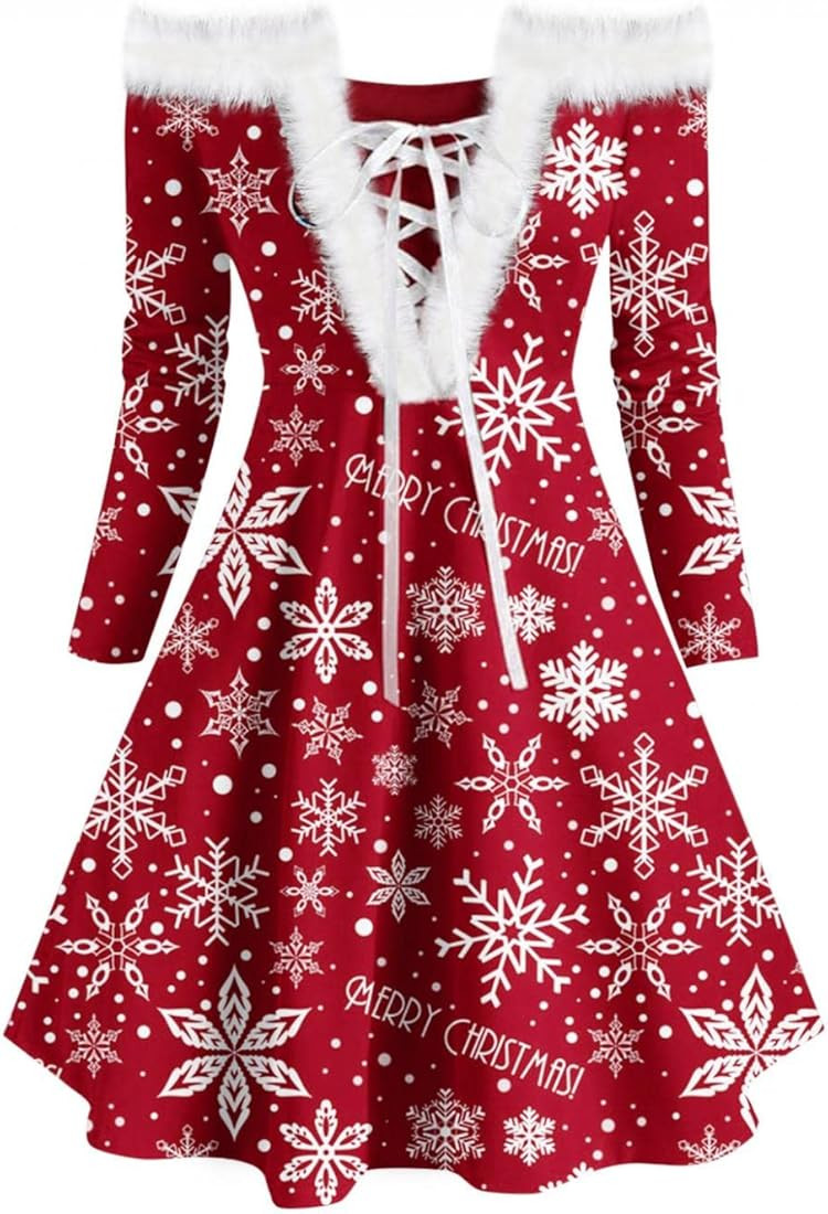 Eduavar Christmas Dresses for Women Vintage Print Faux Plush Splicing Long Sleeve V-Neck Asymmetrica | Amazon (US)