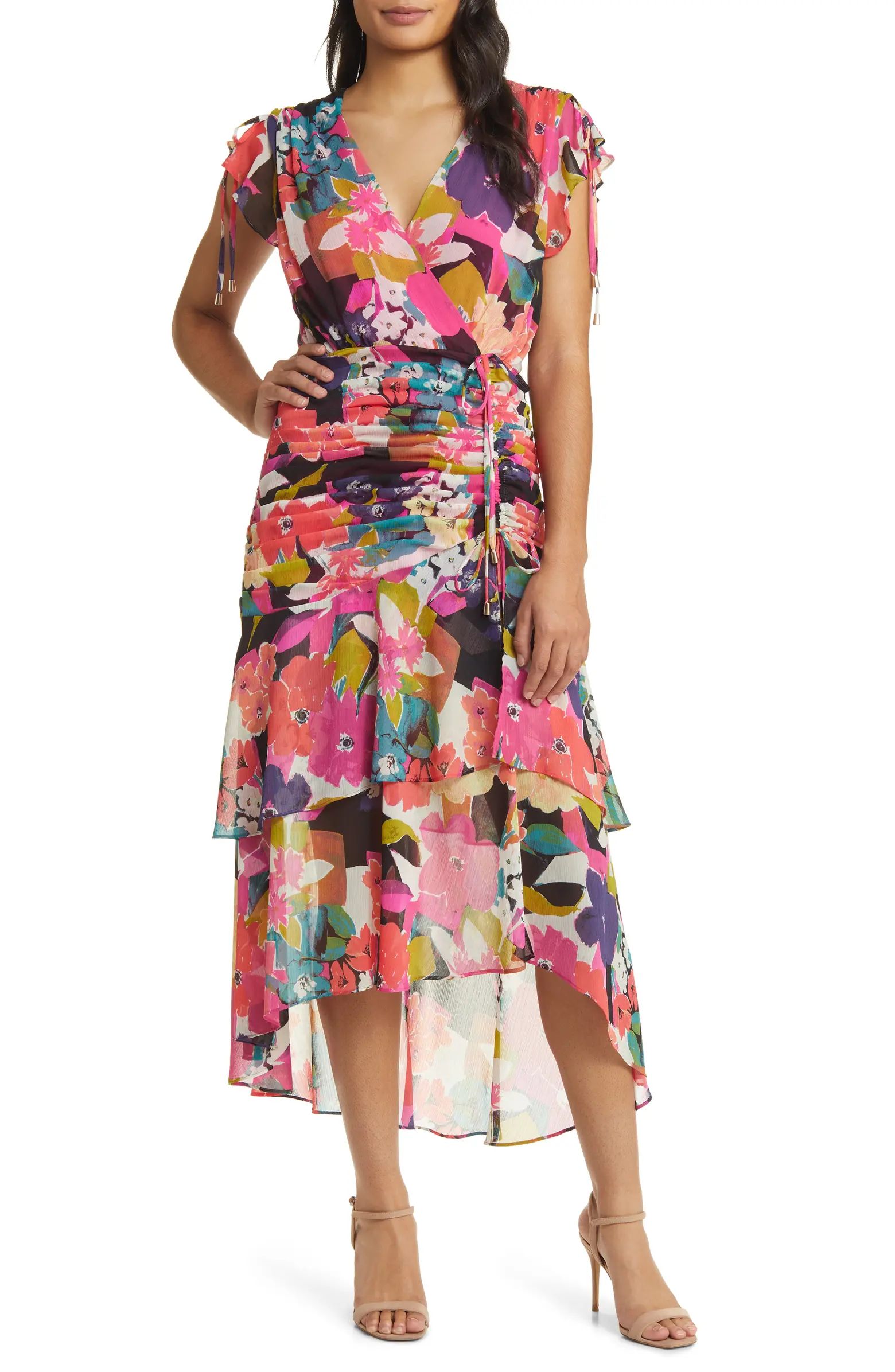 Floral Side Ruched Chiffon Midi Dress | Nordstrom