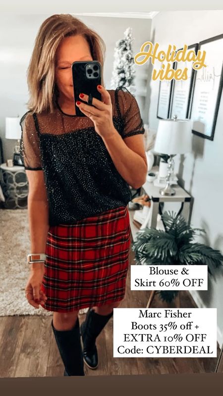 Holiday outfit!! Loving this glitter top from J.Crew Factory 60% off and the tartan skirt ( also 60% off) i bought my regular size in both. Boots are by Marc Fisher. Fits tts, great for skirts or with jeans! They are 35% off + an extra 10% off use code CYBERDEAL

CHRISTMAS, holiday, party outfit, skirts. NYE, Christmas outfit, party, sale, cyber deals, cyber Monday, cyber week

#LTKHoliday #LTKCyberWeek #LTKsalealert