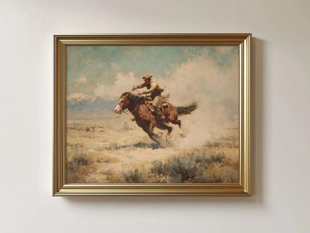 Vintage Cowboy on Horse Art Print: western cowboy painting print | Etsy (US)