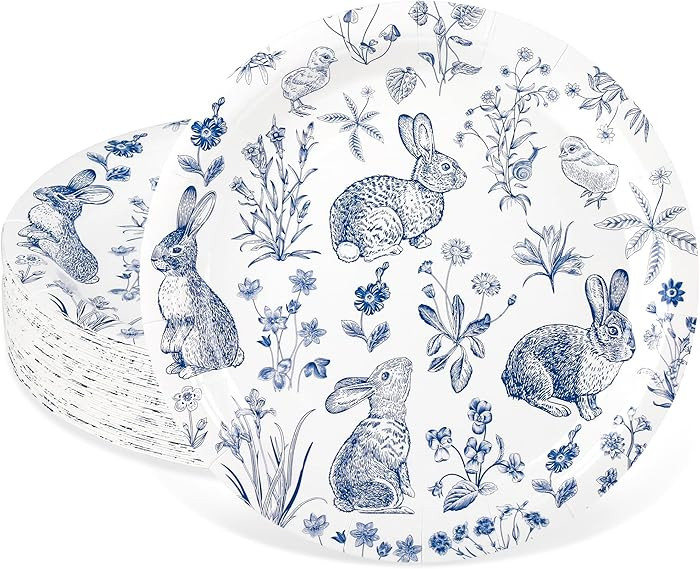 AllReal 48 Pcs Easter Party Plates Blue and White Bunny Disposable Paper Plate Spring Chinoiserie... | Amazon (US)