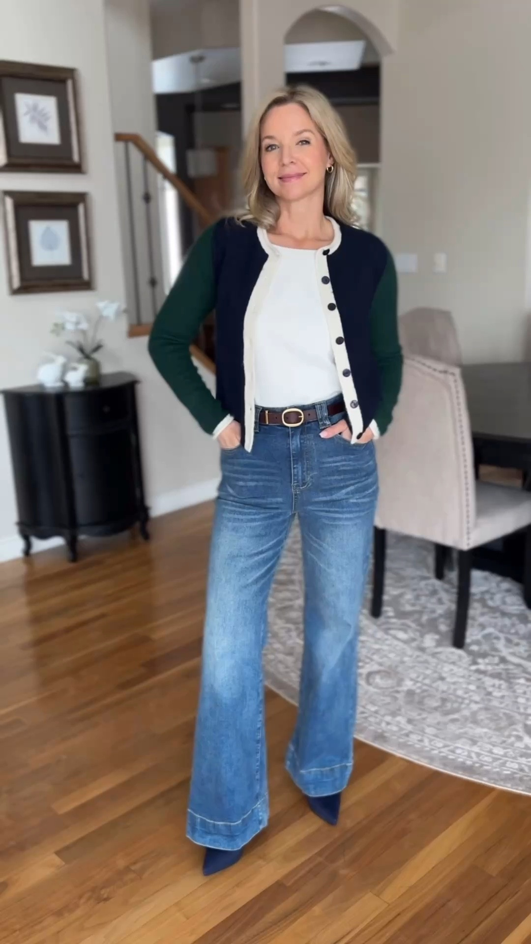 These jeans are so flattering and really elongate the leg
I’m 5’4” and wearing high heels with these
The cardigan is 3 tone green, blue and cream that is soft and such an easy piece to stay warm or make your outfit pop

#LTKmomlife #LTKOver40 #LTKootd