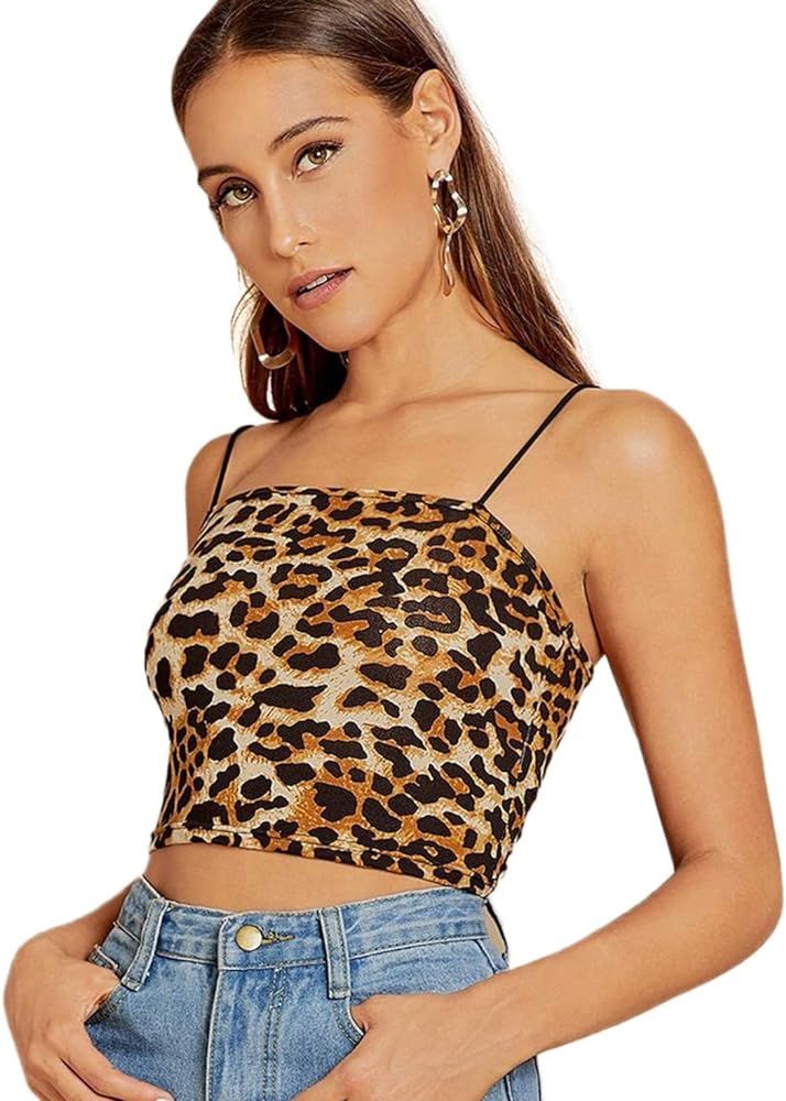 SheIn Women's Sexy Spaghetti Strap Sleeveless Leopard Print Crop Cami Tank Top | Amazon (US)