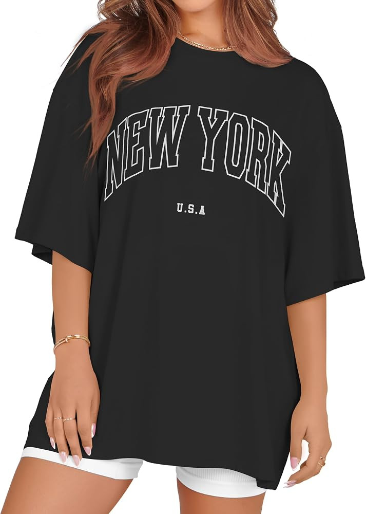 rosemia Oversized Tshirts for Women Summer Short Sleeve Round Neck Graphic Tee Shirt | Amazon (US)
