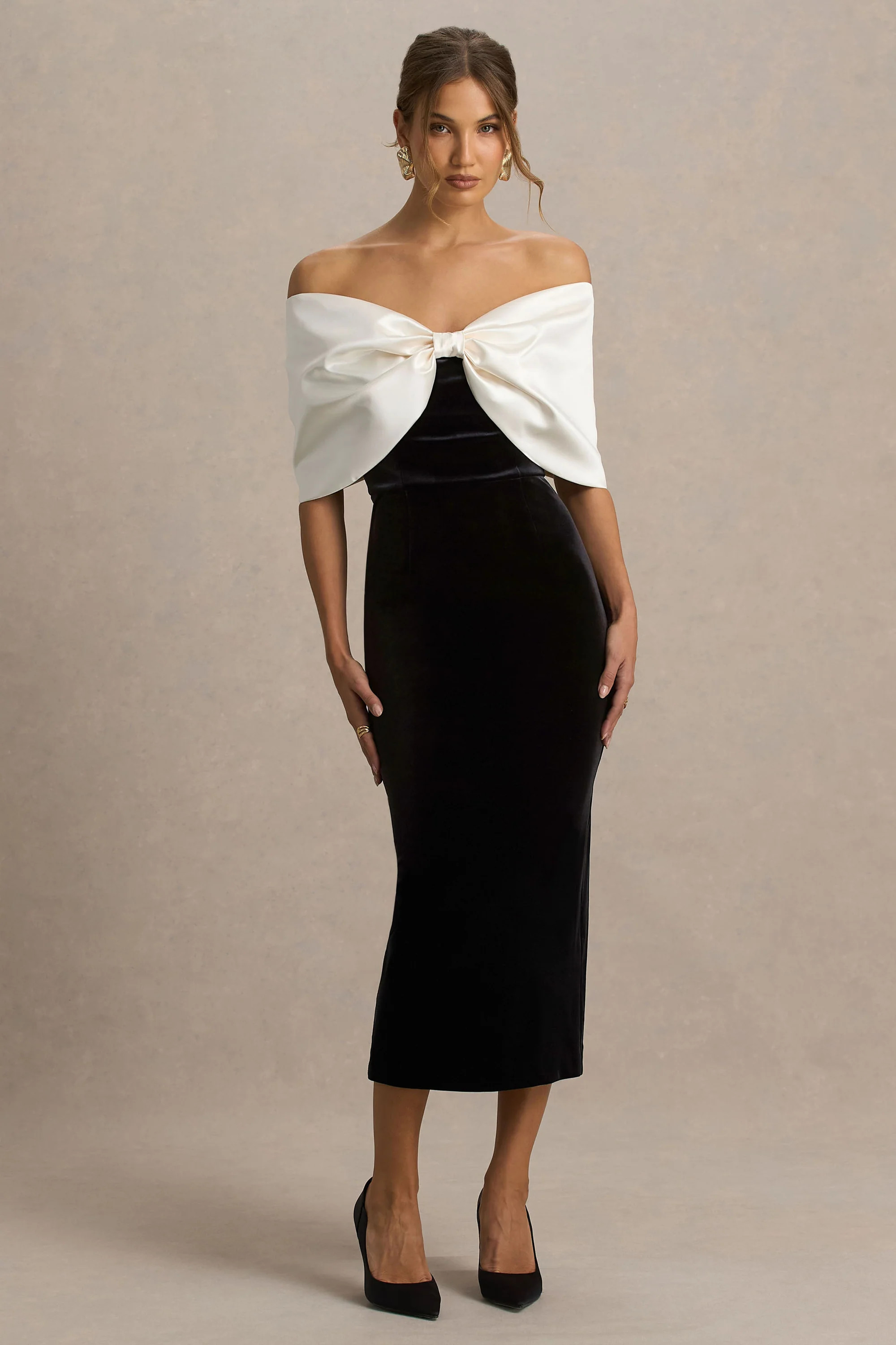 Twilight | Black And White Velvet Bardot-Neck Midi Dress With Oversized Satin Bow | Club L London