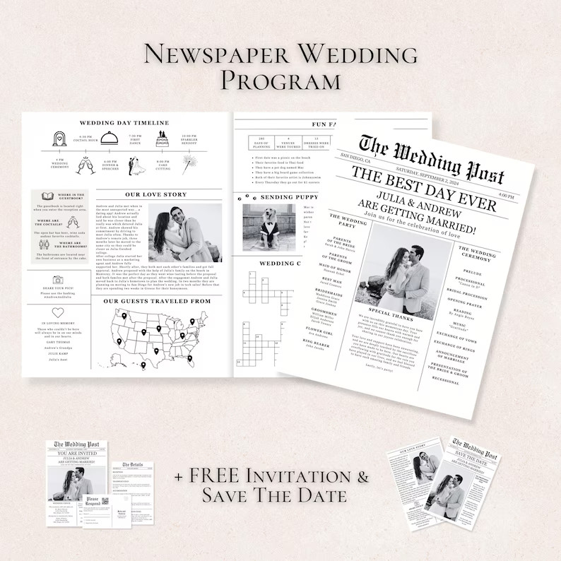 Newspaper Wedding Program Template, Editable Wedding Newspaper Program, Printable Wedding Infogra... | Etsy (US)