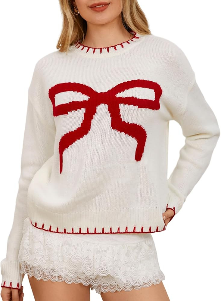 MakeMeChic Women's Bow Knot Sweater Contrast Binding Long Sleeve Round Neck Pullover Knit Tops | Amazon (US)