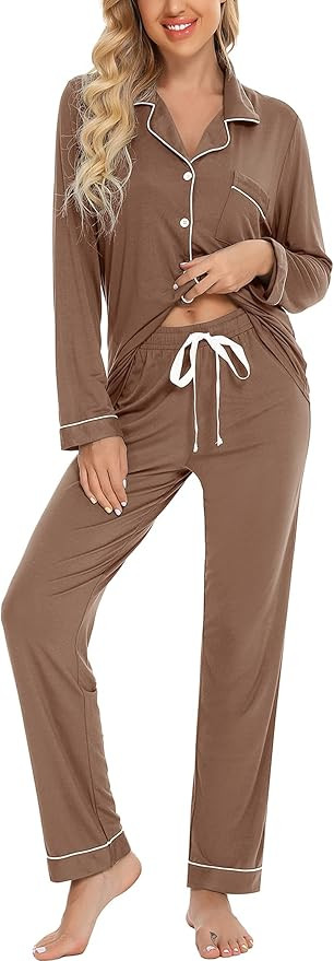 Leikar Button Up Pajama Set For Women Long Sleeve Shirt and Pajama Pants Soft Pjs Lounge Sets S-X... | Amazon (US)