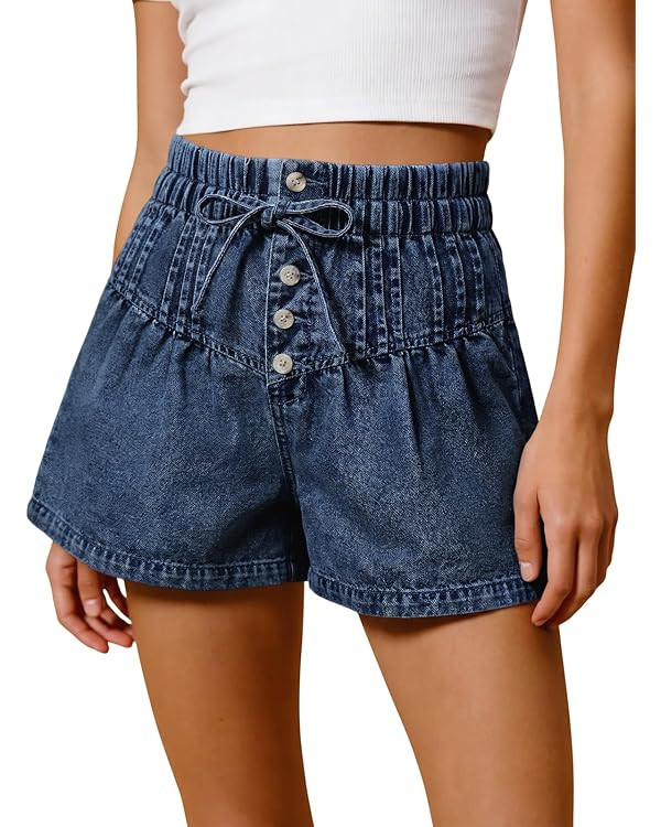 Tankaneo Womens Flowy Denim Shorts Drawstring Pleated Baggy Jean Skorts | Summer Jean Shorts, Ela... | Amazon (US)