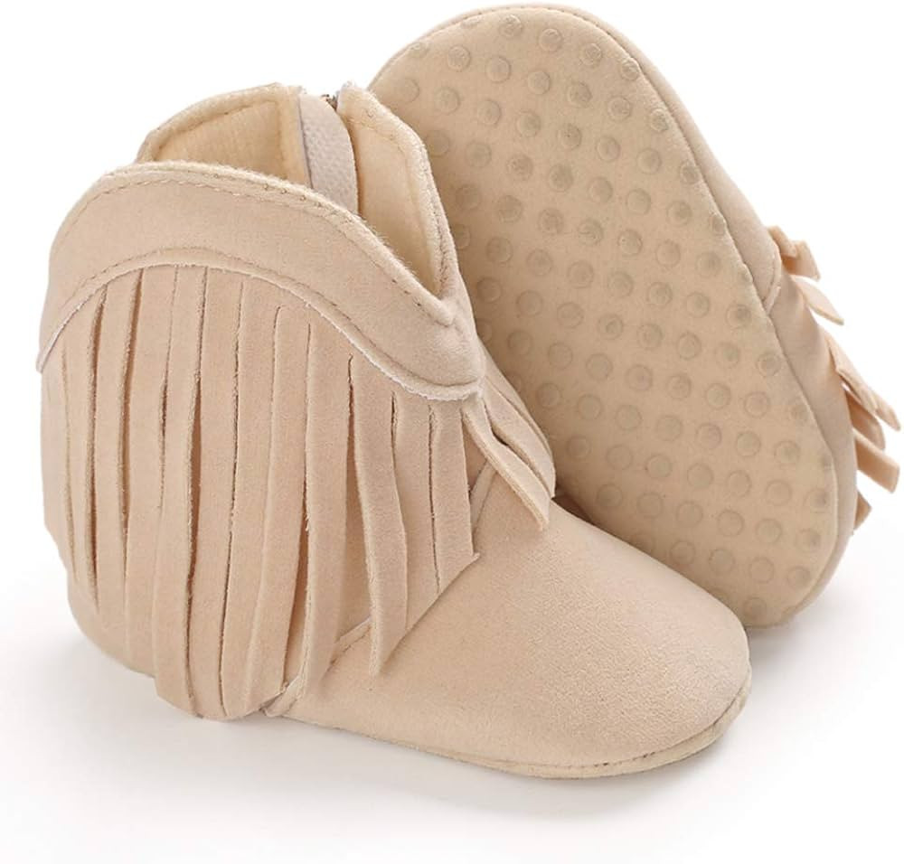 SOFMUO Baby Girls Cowboy Tassel Boots with Side Zipper Moccasins Non Slip Infant Booties Suede To... | Amazon (US)