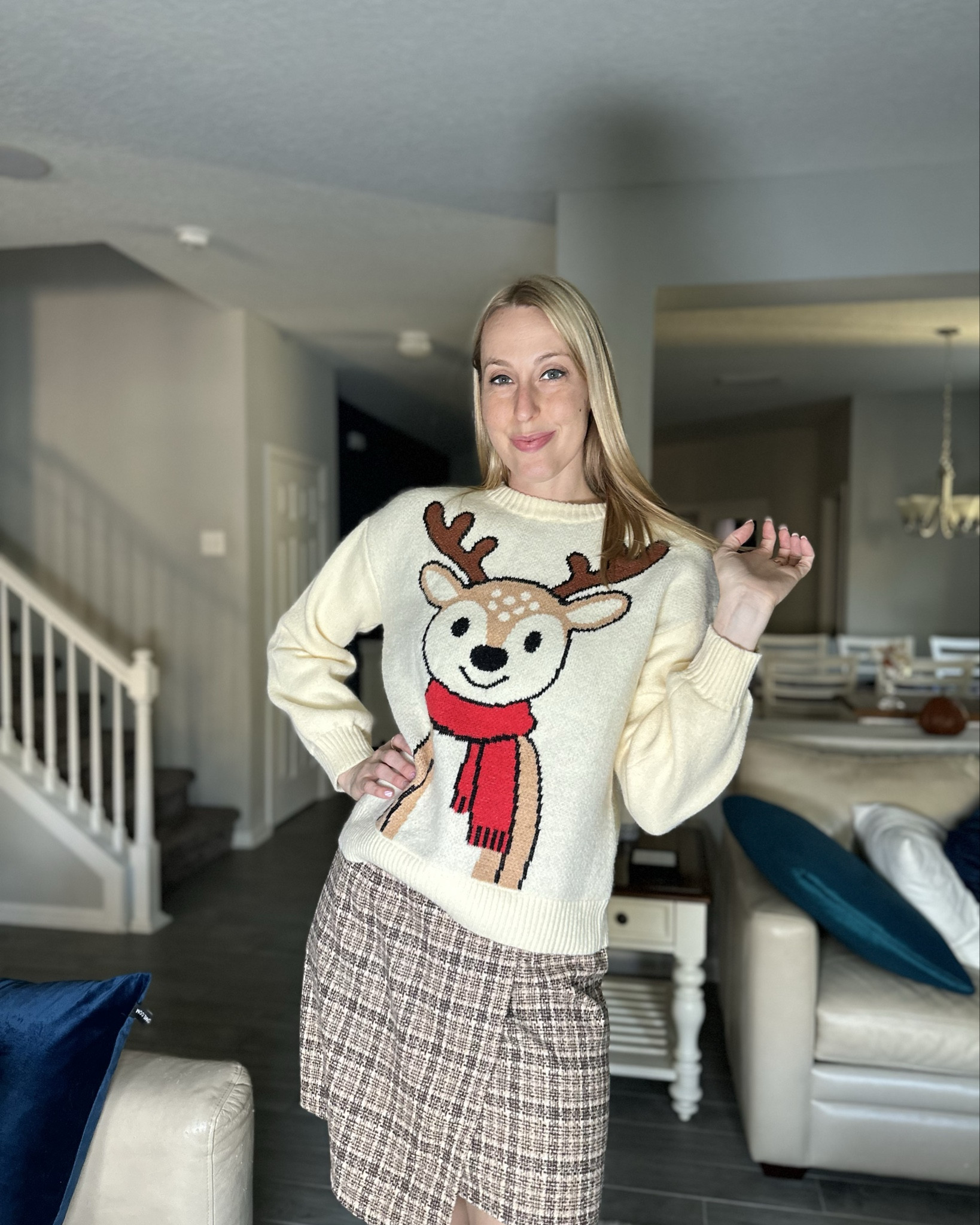 Reindeer winter sweater
🤍 i love pairing cute graphic sweaters like this with matching plaid skirts
🤍there is lots of stretch to the sweater. Not so much in the skirt
🤍 fits true to size, wearing size small and I am 5’10”


#LTKHoliday #LTKFindsUnder50 #LTKTall