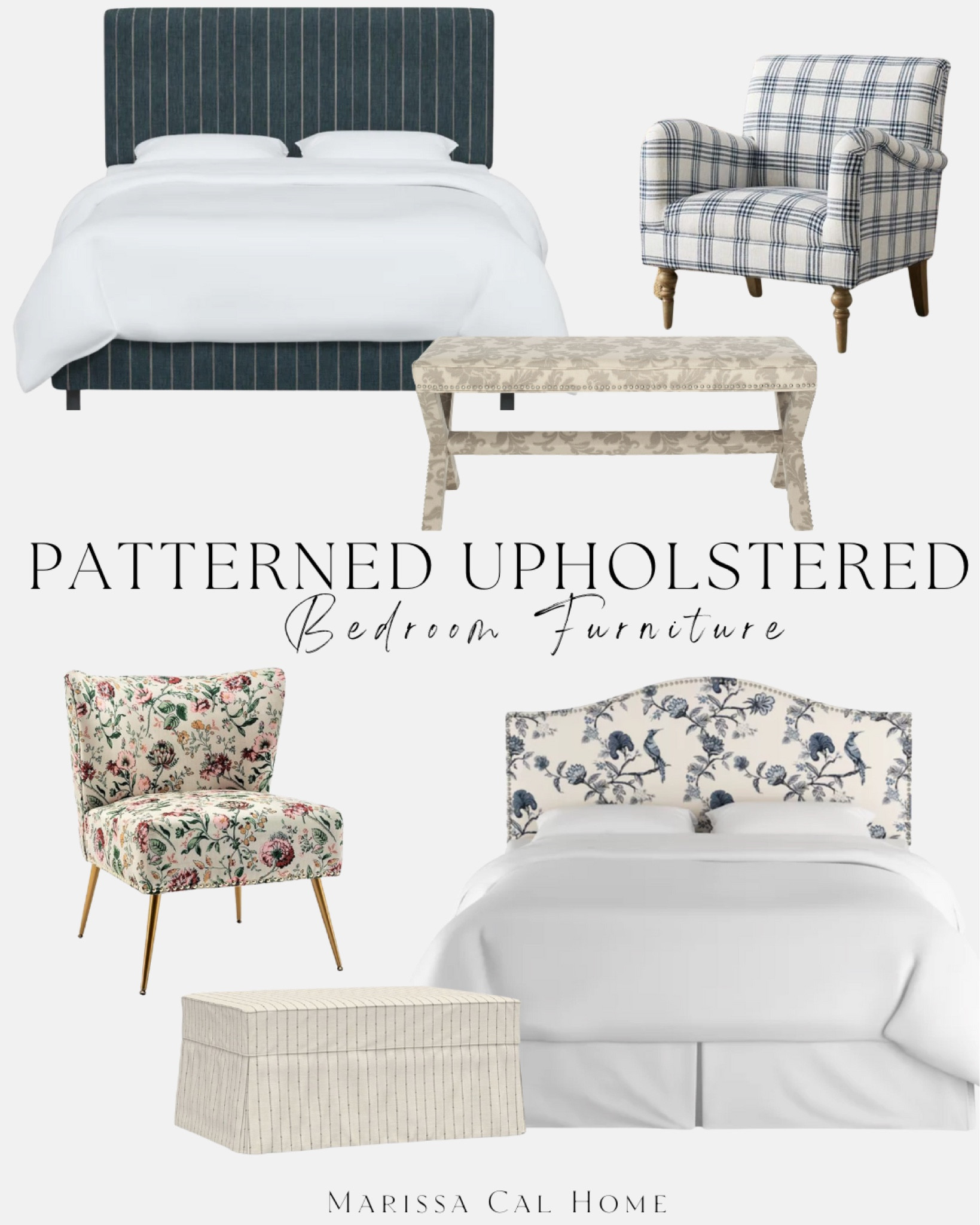 Patterned Upholstered Bedroom Furniture // upholstered bed // headboard // Pattern // Pinstripe // Floral // Accent Chair // Ottoman // Timeless Traditional // Wayfair // Amazon // Pottery Barn

#LTKhome