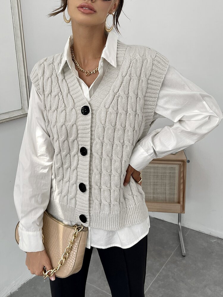 Cable Knit Button Front Sweater Vest | SHEIN