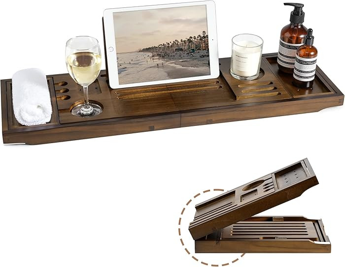 Teak Bathtub Tray | Adjustable Width Tray with Wine Holder, Tablet/Phone & Book Stand, Splash-Pro... | Amazon (US)