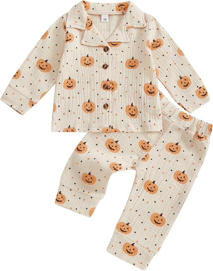 fyclemt Toddler Baby Girl Boy Halloween Pajamas Pumpkin Cotton Linen Long Sleeve Button Down Shir... | Amazon (US)