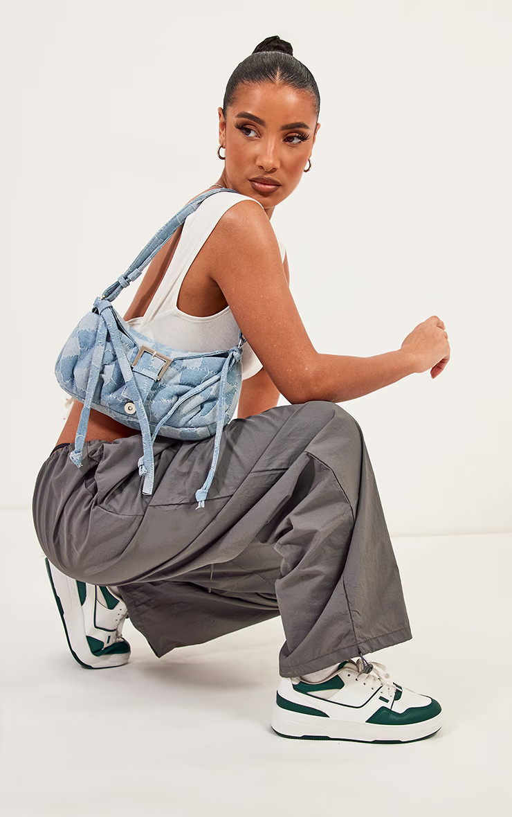 Denim Distressed Patchwork Buckle Shoulder Bag | PrettyLittleThing US