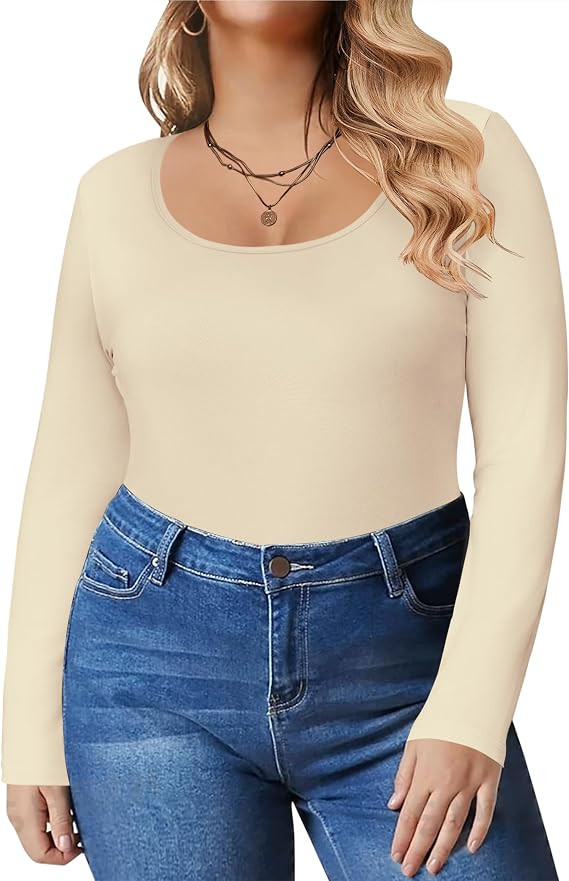 IN'VOLAND Women's Plus Size Long Sleeve Shirts Scoop Neck Slim Fitted T Shirt Stretchy Bodycon Ba... | Amazon (US)