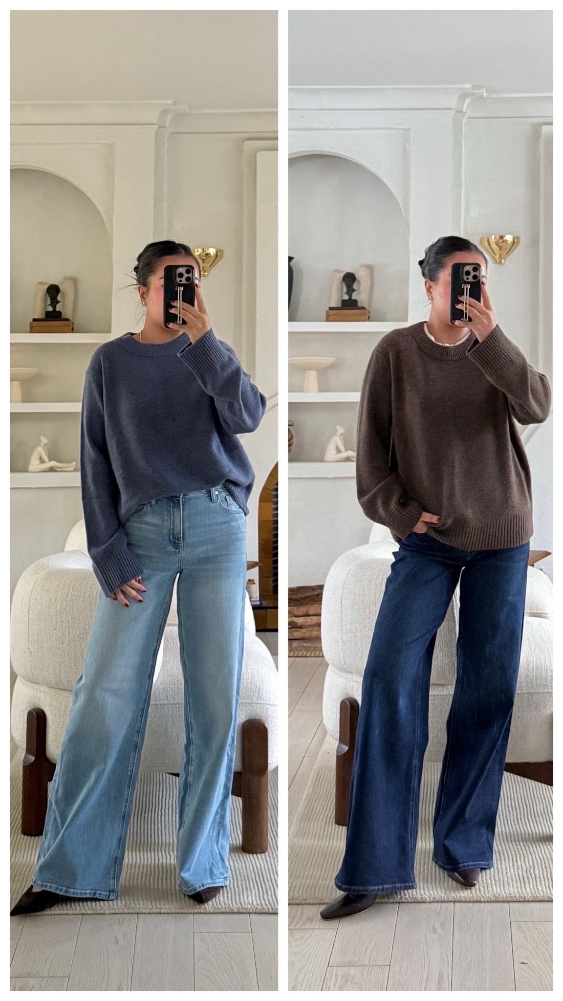 For size reference, I’m 5 ft 115 pounds, postpartum tummy.

I love these jeans so much I bought a dark wash for fall/winter! 



JEANS: Affordable, midsection and petite friendly jeans. I'm wearing a 26x30 in the jeans (Bella Stretch Wide Leg Jeans). Lighter wash ‘Frosted Blue’, darker wash ‘Midnight Blue’.

SWEATERS: Classic, beautifully draped and I’m wearing size XS. Left color ‘Heather Storm Blue’, right color ‘Brown’.



#LTKgrwm #LTKPetite