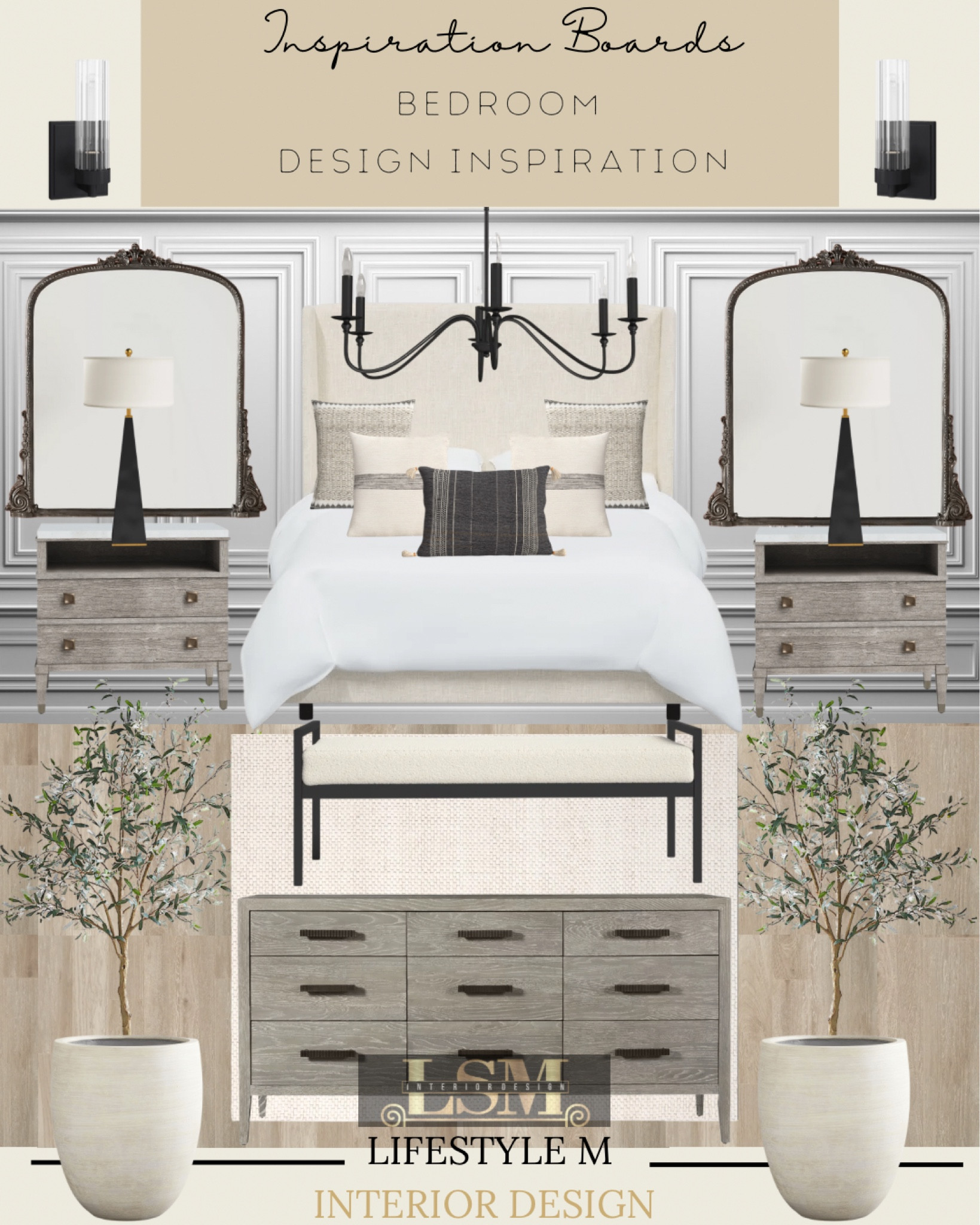 Transitional bed room inspiration. Recreate this look at home. Upholstered bed, wood dresser, upholstered bench, white tree planter pot, faux fake tree, bedroom bed, throw pillow, wood end table, black table lamp, black frame mirror, bed room chandelier, wall sconce light, wood floor tile.

#LTKstyletip #LTKhome #LTKFind