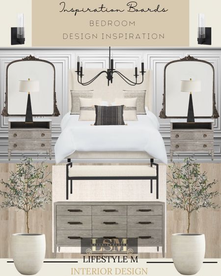 Transitional bed room inspiration. Recreate this look at home. Upholstered bed, wood dresser, upholstered bench, white tree planter pot, faux fake tree, bedroom bed, throw pillow, wood end table, black table lamp, black frame mirror, bed room chandelier, wall sconce light, wood floor tile.

#LTKstyletip #LTKhome #LTKFind