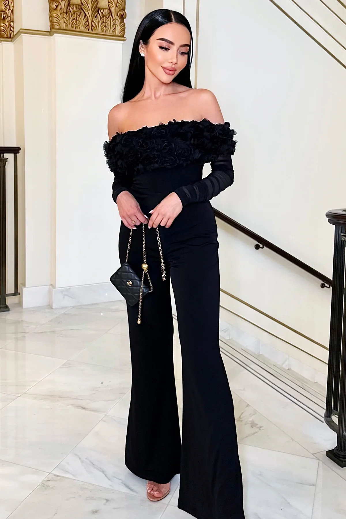 Celebrate | Black Bardot Long-Sleeved Flared-Leg Jumpsuit With Flowers | Club L London