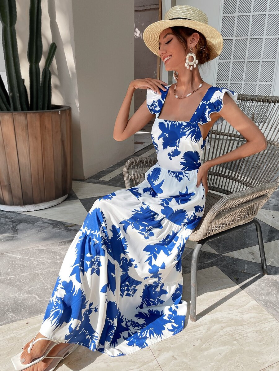 Butterfly Sleeve Ruffle Hem Allover Floral Dress | SHEIN