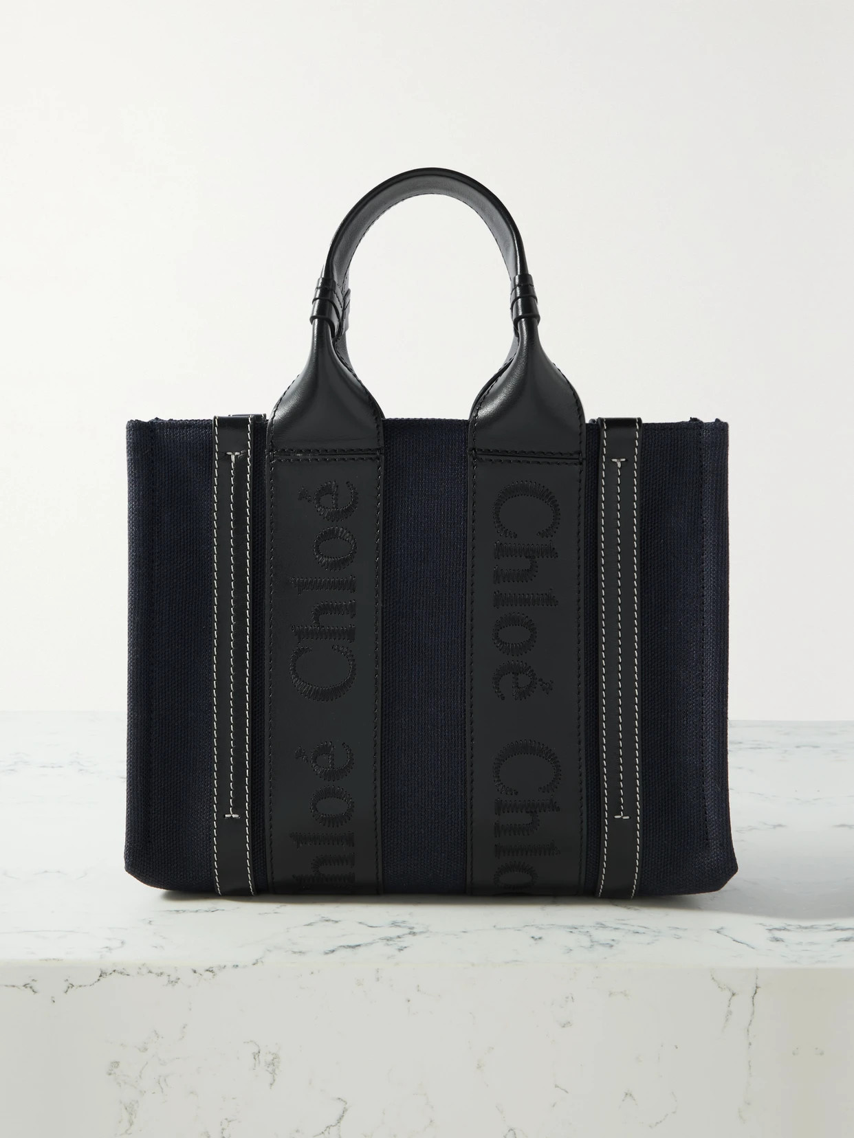 Chloé - Woody Small Embroidered Leather-trimmed Canvas Tote - Navy | NET-A-PORTER (UK & EU)