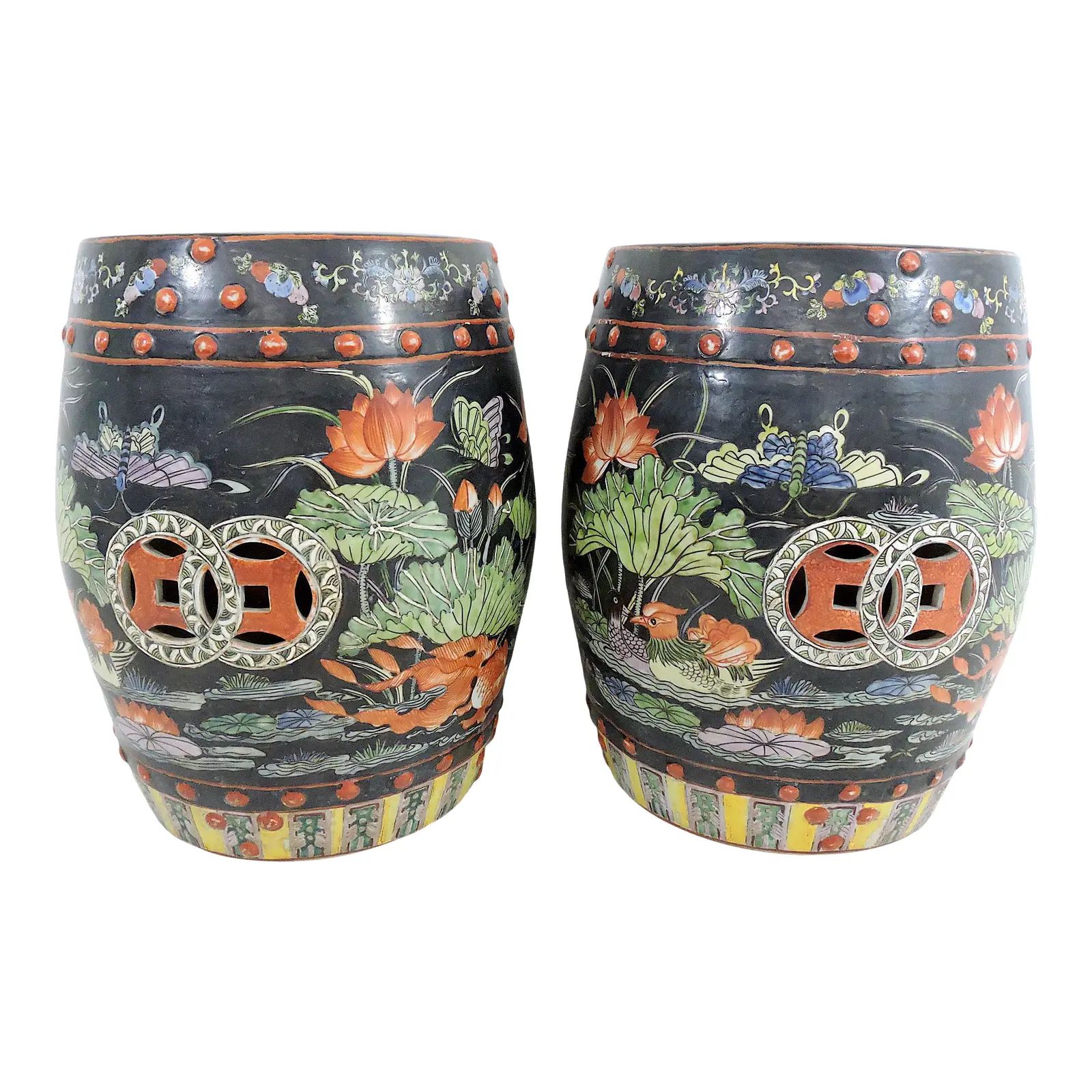 Antique Chinese Famille Noire Drum Stools With Goldfish and Lotus - a Pair (Side Tables) | Chairish