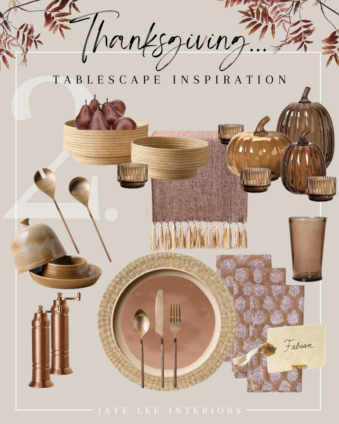 The holidays are upon us, and it's not too early to start putting together your Thanksgiving tablescape ideas... This look is earthy and warm, with a soothing palette of autumnal browns, terra cotta, copper and natural fibers. Deep red Fall foliage and turning leaves would complete the ensemble. #holidaytable #falltabletopdecor #falltablescape #holidayentertaining #jleeinteriors 

#LTKSeasonal#LTKHome#LTKStyleTip#LTKFamily 

 

#LTKGiftGuide #LTKHoliday