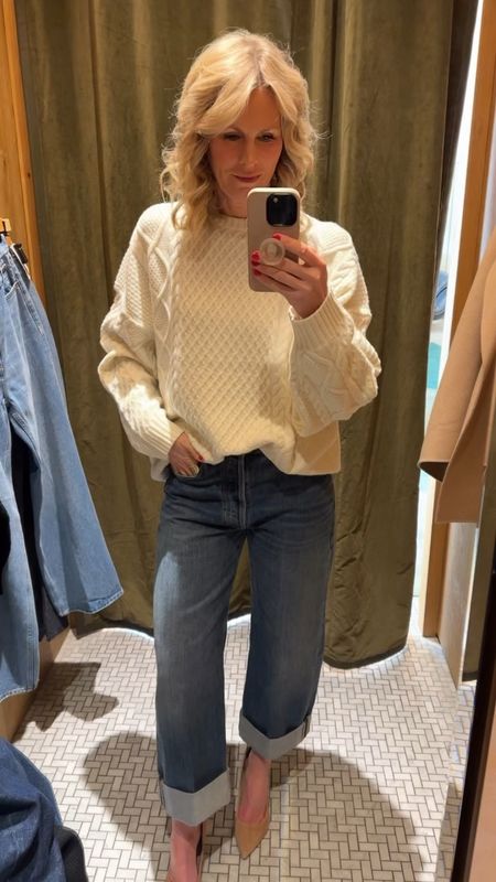 Aritzia, baggy jeans, cuffed jeans, cable knit sweater, suede pumps  

#LTKVideo #LTKover40 #LTKstyletip