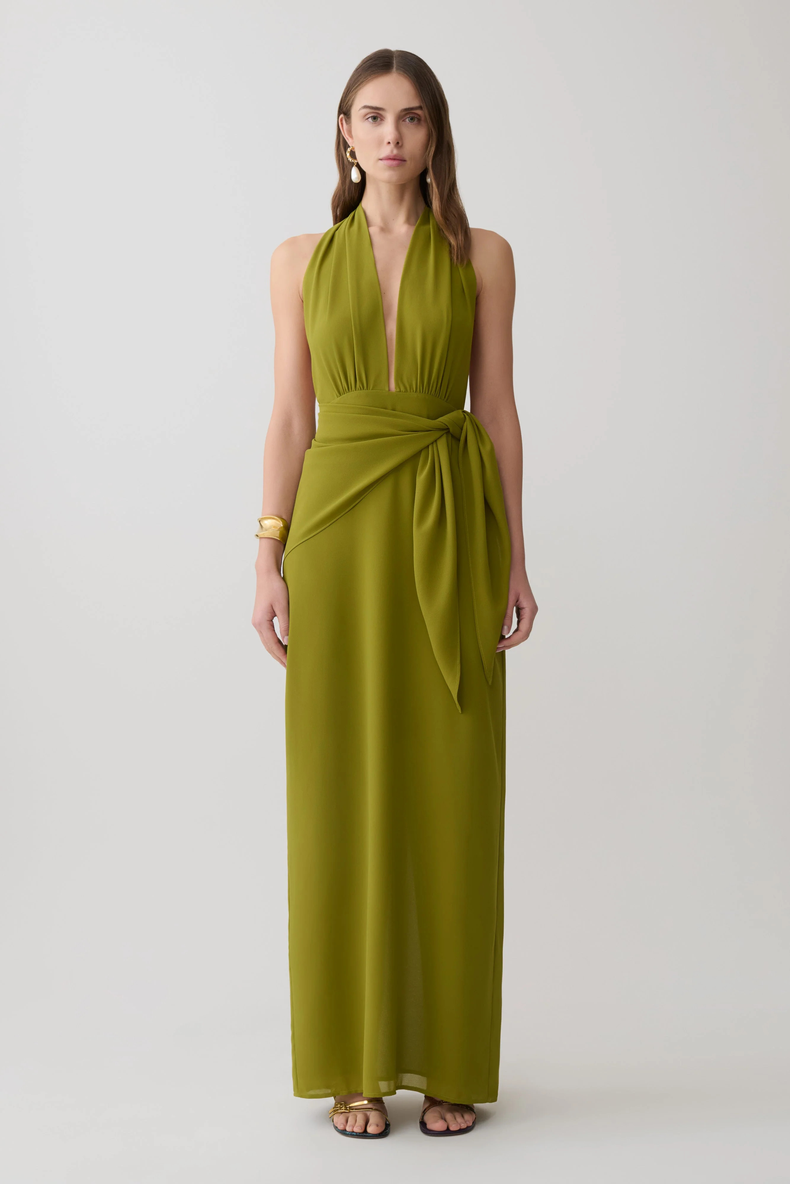 Gianna Satin Halter Maxi Dress - Olive | Meshki UK