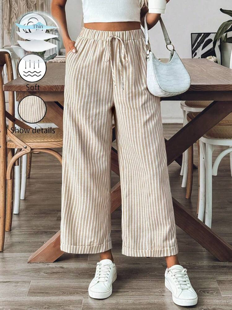 Breezaya Women's Old Money Style Striped Wide-Leg Belted Daily Wear Casual Straight Pants,Old Money Outfits Fall Cloth For Women | SHEIN