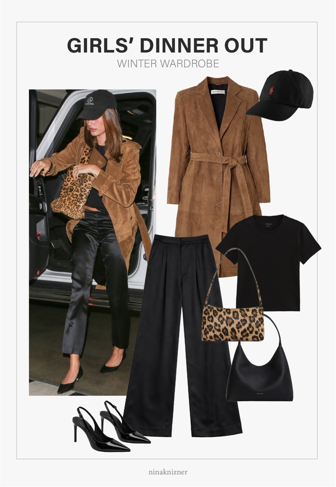 This elevated, yet casual playful outfit for a night out.

Loving that it’s so effortless. Each item can be swapped for similar pieces to still achieve the overall feel. Love that it’s a timeless color, pattern, material combo!!! 

- Polo Cotton Chino Ball Cap in black and red
- Nour Hammour Vesper Belted Suede Coat in Light Brown
- Everlane The Box-Cut Tee in Essential Cotton in Black 
- Revolve Nonchalant Label Paris Wide-leg Pant in Black 
- Mansur Gavriel Gaia Shoulder Bag in Leopard
- Mansur Gavriel Mindi Candy Hobo Bag in Black
- Tony Bianco Asti Pump in Black
- Jeffrey Campbell Daring Stiletto Bootie in Black


#datenight #outfit #dinnerdate #nightout #elevatedcasual #leopard #silk #satin #trousers #black #brown #suedecoat #wintercoat #baseballcap #polo #leatherbag #shoulderbag #tophandlebag #slingbackpumps #stilettobootie #bootie #heels



#LTKgrwm #LTKSeasonal #LTKootd