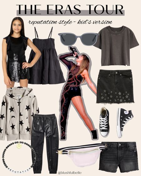 I put together this outfit board for girls who love the Rep era! 🖤 I love getting Eras Tour outfit requests from you 🤗 someone reached out to me & they’re taking their 9 year-old daughter to the Eras Tour this summer. I’m so jealous! Have so much fun! 

#LTKParties #LTKStyleTip #LTKKids