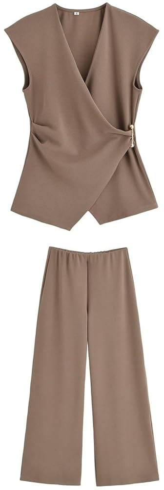 Women's Casual 2 Piece Deep V Neck Slim Sleeveless Button Down Pleated Top Wide Leg Pants Office ... | Amazon (US)
