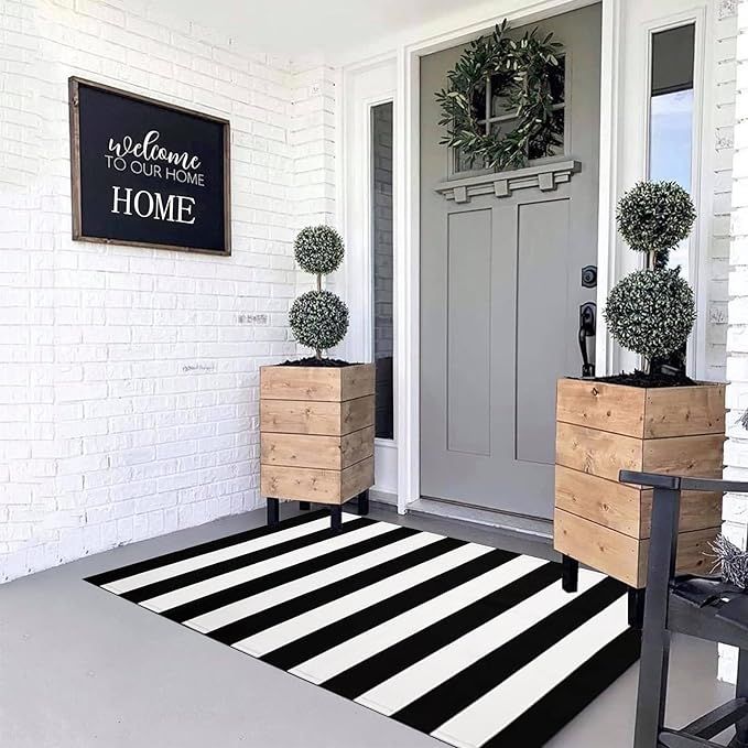 MUBIN Cotton Black and White Striped Rug 3x5 Outdoor Reversible Hand Woven Washable Rug Porch Ent... | Amazon (US)