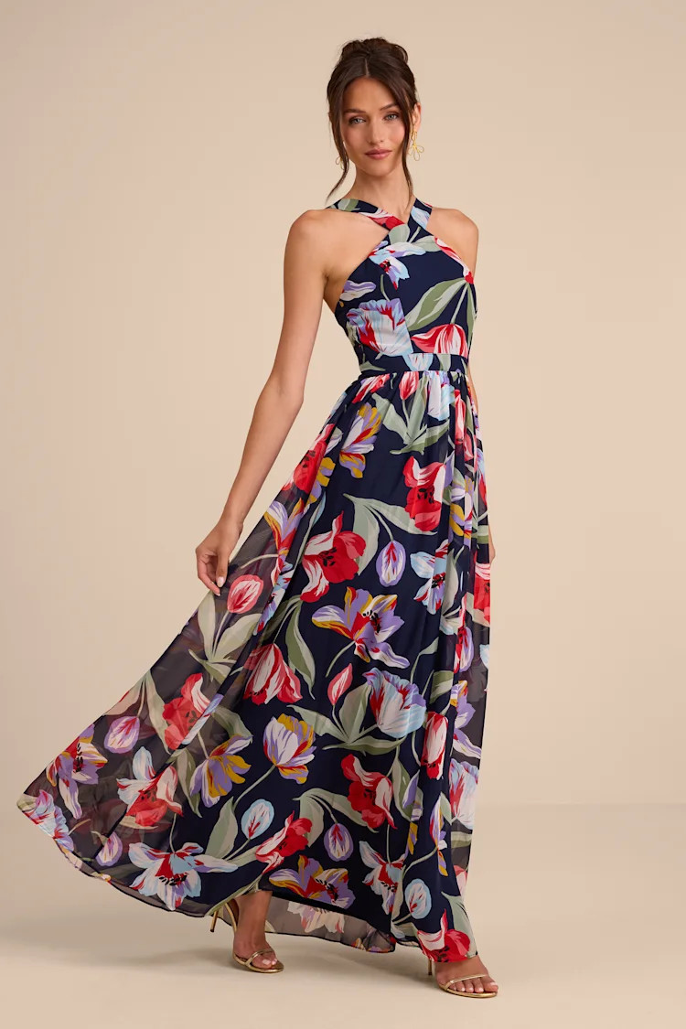 Lilja Navy Blue Floral Print Maxi Dress | Lulus