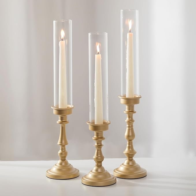 NUPTIO Hurricane Candle Holder for Centerpiece: Set of 3 Gold Candlestick Holders with Glass Shad... | Amazon (US)