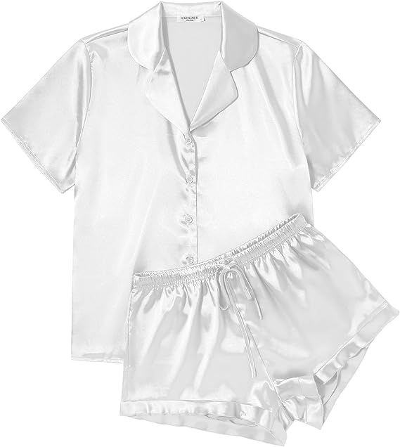 Ekouaer Womens Satin Pajamas Set Button Down 2 Piece Silk Pjs Shorts Set Ruffle Lingerie Notch Co... | Amazon (US)