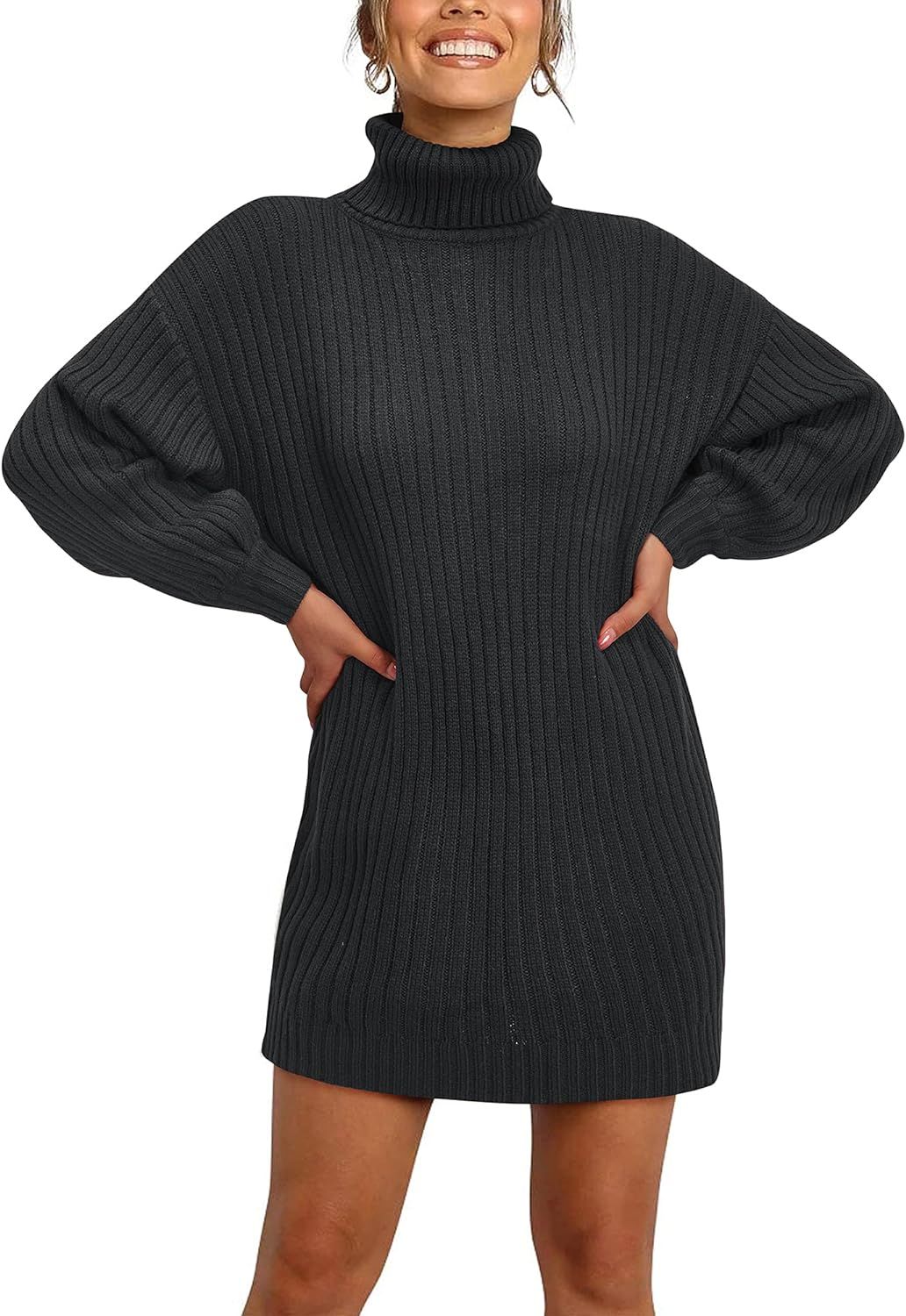 LAISHEN Women Turtleneck Long Lantern Sleeve Sweater Dress Casual Chunky Knit Oversized Pullover ... | Amazon (US)
