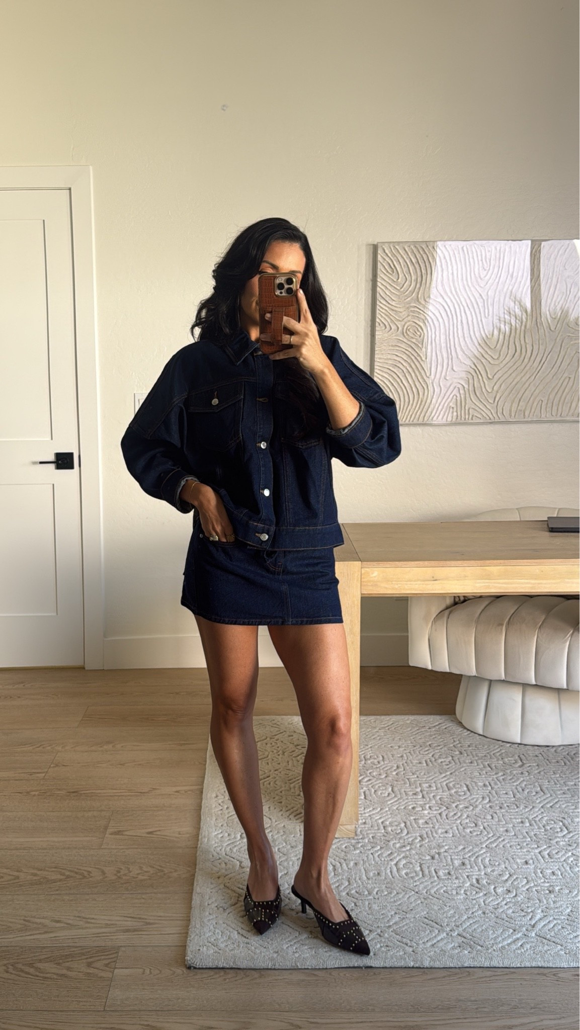 Walmart dark denim set 
Jacket size XS (runs oversized)
Skort size XS 
Brown heels

#LTKootd #LTKgrwm #LTKSeasonal