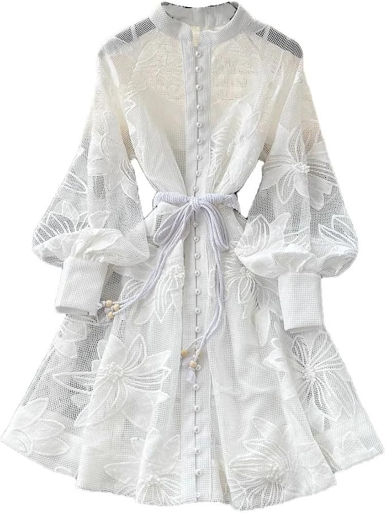 Spring Summer Lace Embroidery Dress for Women Long Lantern Sleeve Single Breasted Belt Party Dres... | Amazon (US)