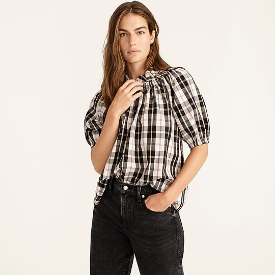 Smocked-neck puff-sleeve top in Friday plaid | J. Crew US