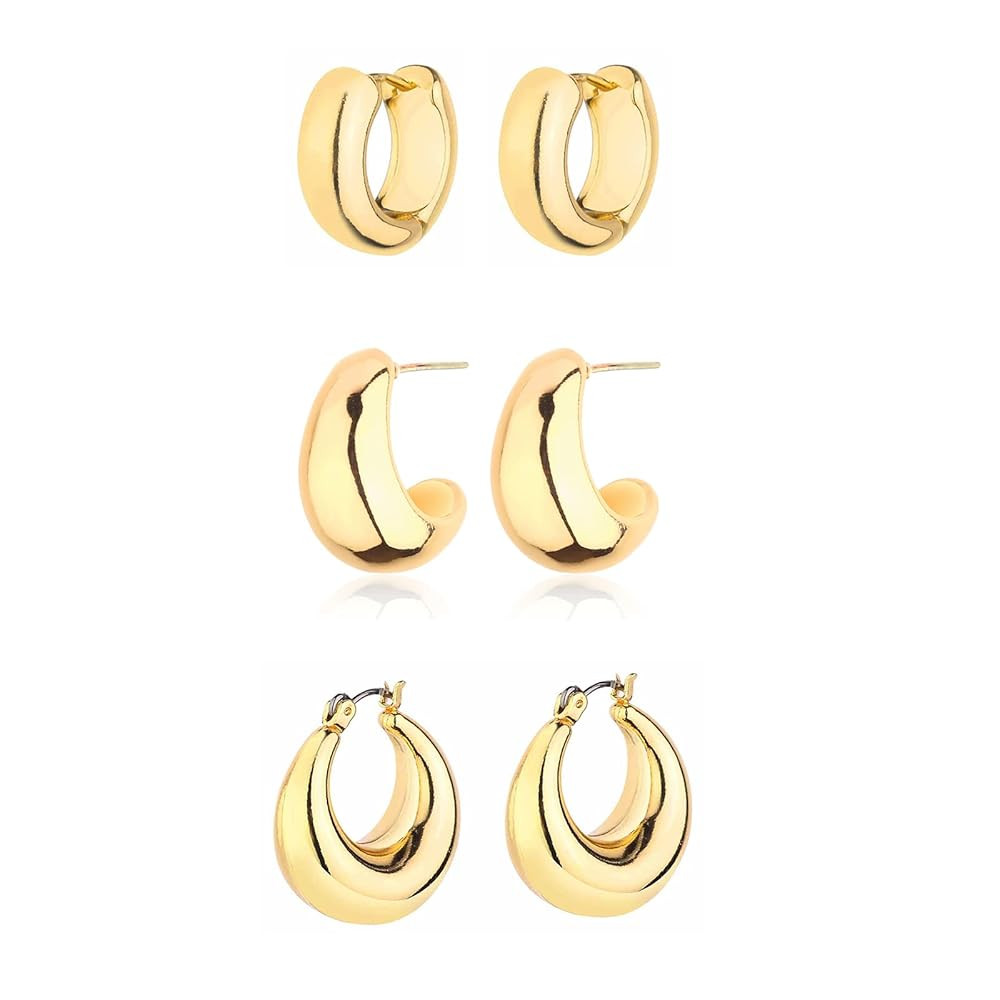 Gold Chunky Hoop Earrings Set for Women, 14K Gold Plated Twisted Huggie Hoop Earring Hypoallergen... | Amazon (US)