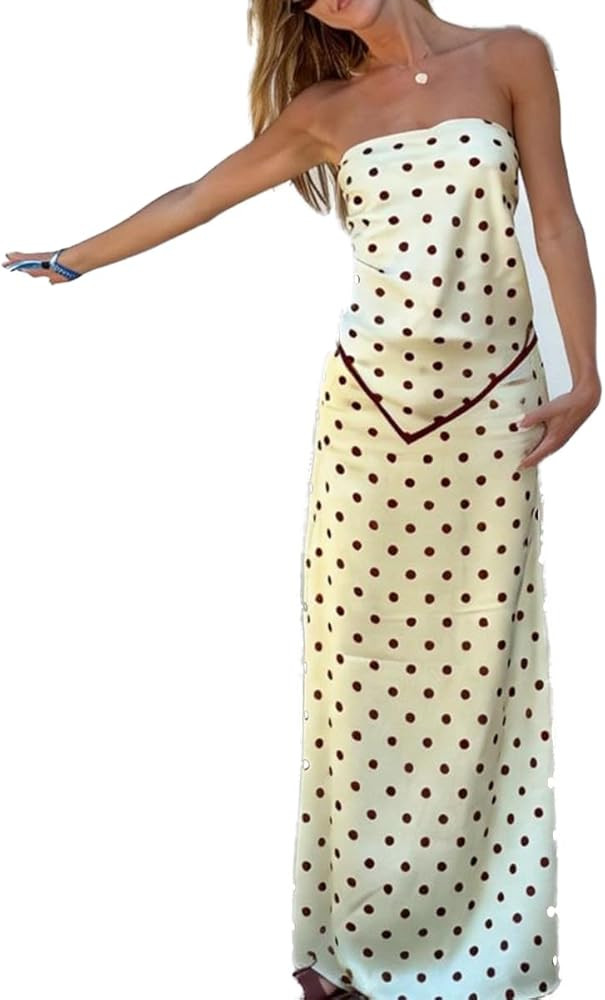 Women Satin 2 Piece Skirt Sets Summer Trendy Polka Dot Outfit Y2k Strapless Tube Top Maxi Skirt S... | Amazon (US)