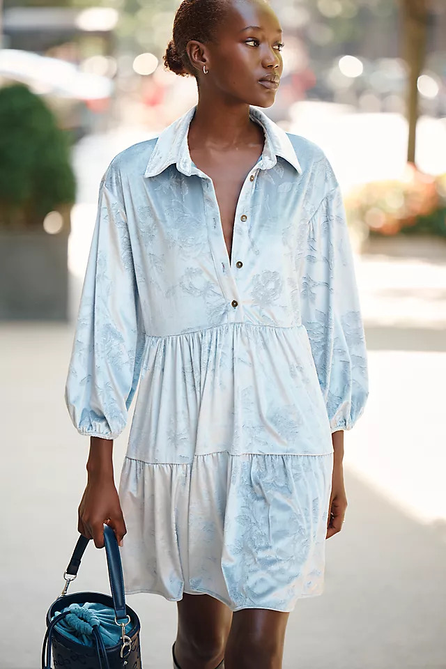 Maeve Bettina Velvet Tiered Mini Shirtdress | Anthropologie (US)