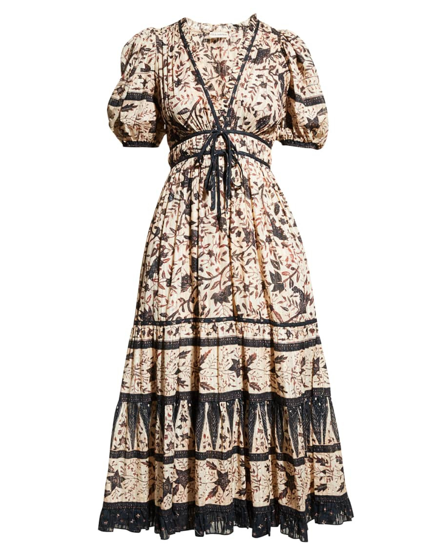 Annisa Puff-Sleeve Midi Dress | Neiman Marcus