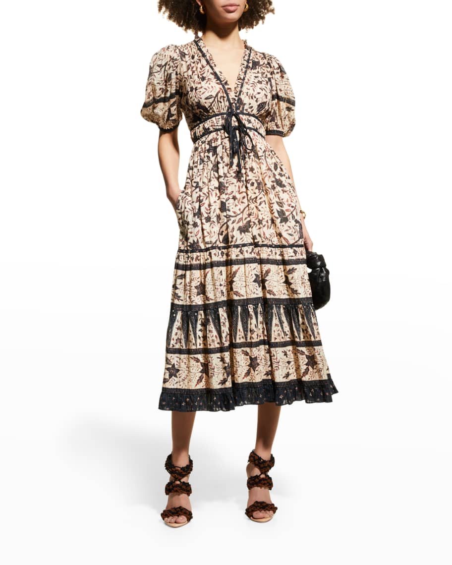 Annisa Puff-Sleeve Midi Dress | Neiman Marcus