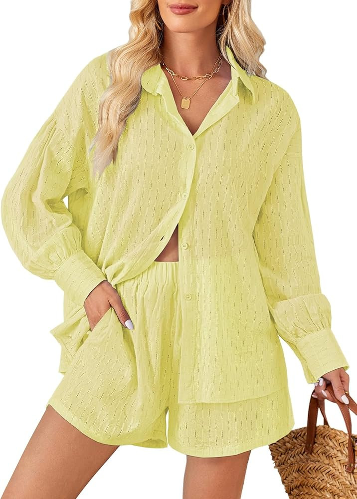 Fixmatti 2 Piece Outfits Long Sleeve Button Down Shirt and Shorts Sweatsuit Lounge Sets | Amazon (US)