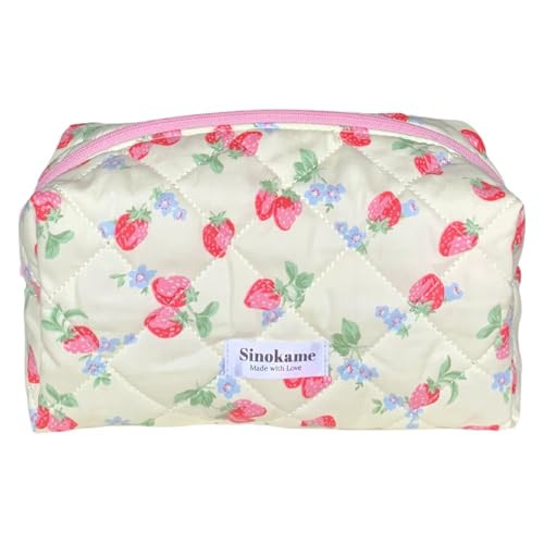 SINOKAME Cute Quilted Makeup Bag, Coquette Strawberry Skincare Pouch Aesthetic Cosmetic Travel Skincare Brush Organizer Pouches Makeup for Women,Cream Berry | Amazon (US)